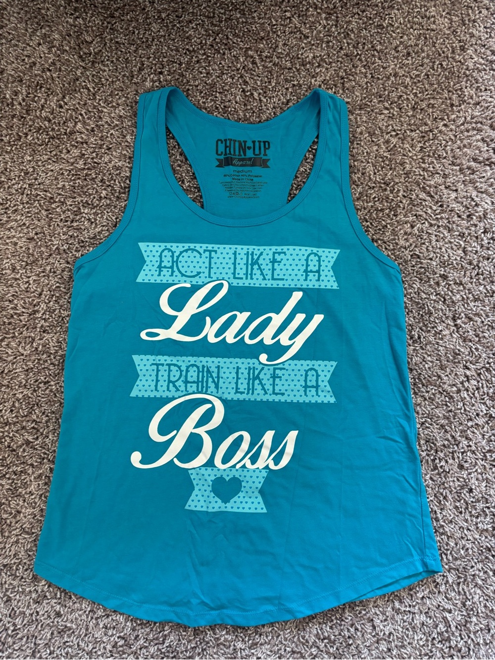 Chin Up Apparel Teal Racerback Tank with White Script Graphic